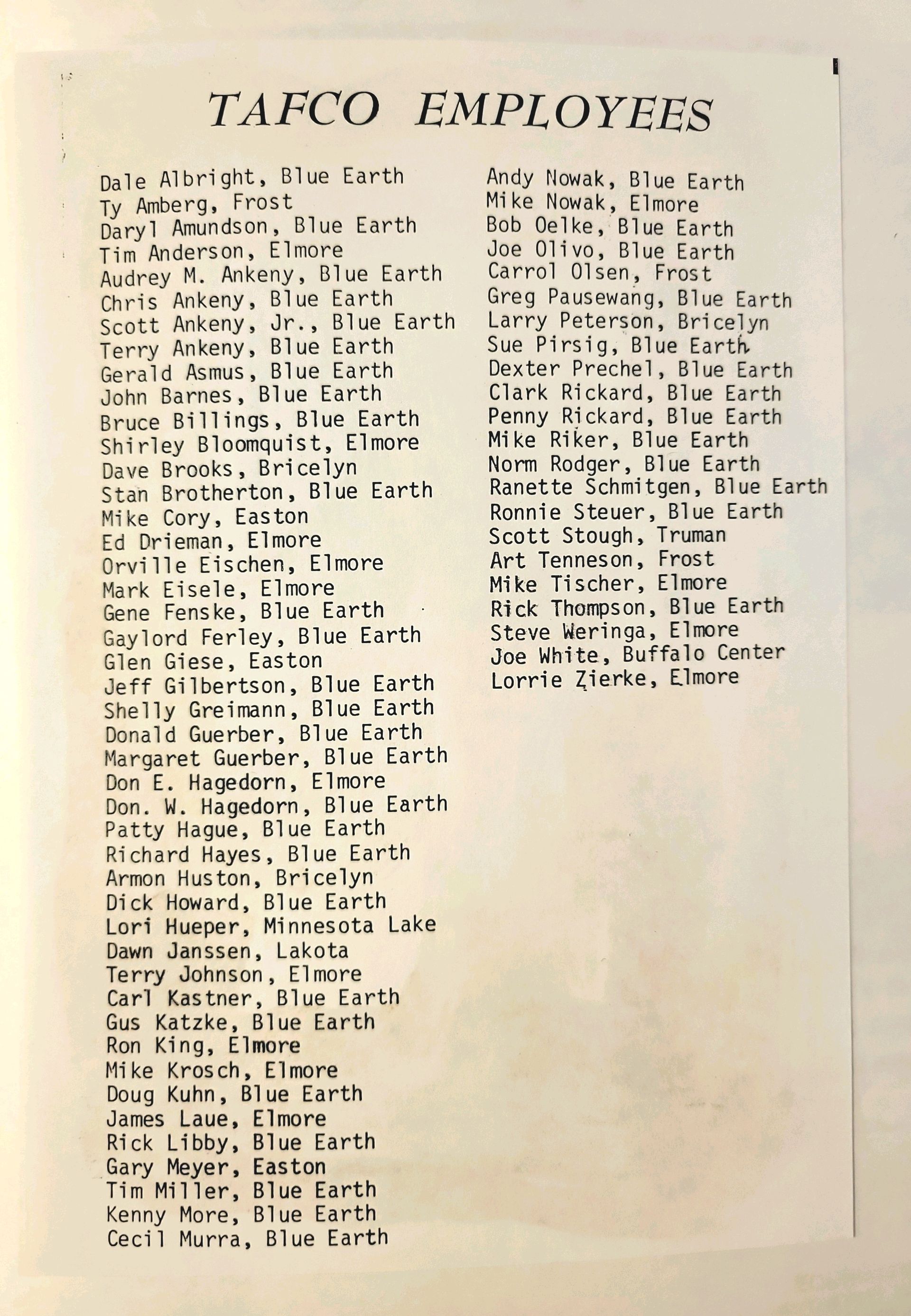 A list of tafco employees is printed on a piece of paper