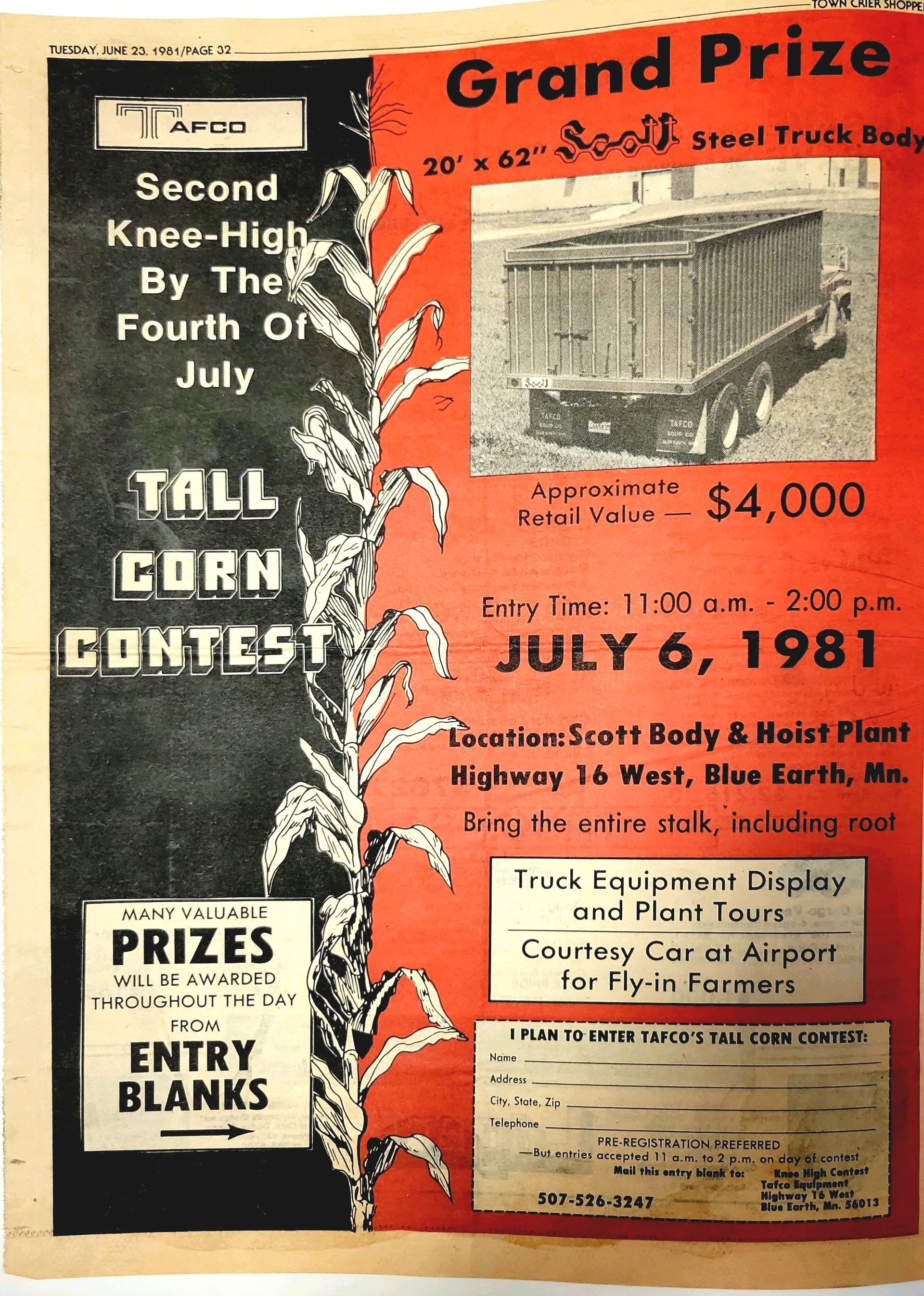 A poster advertising a tall corn contest on july 6 1981