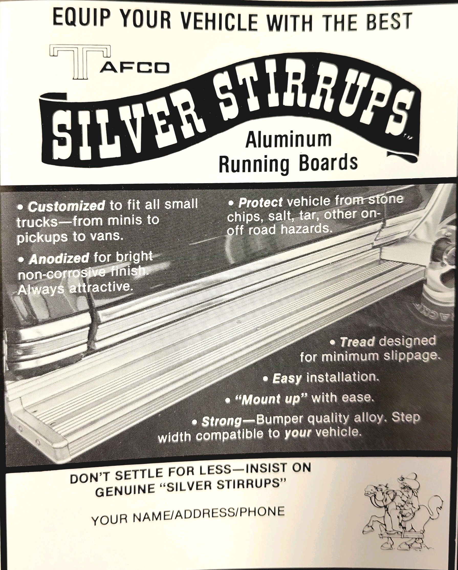 A black and white advertisement for silver stirrups aluminum running boards.