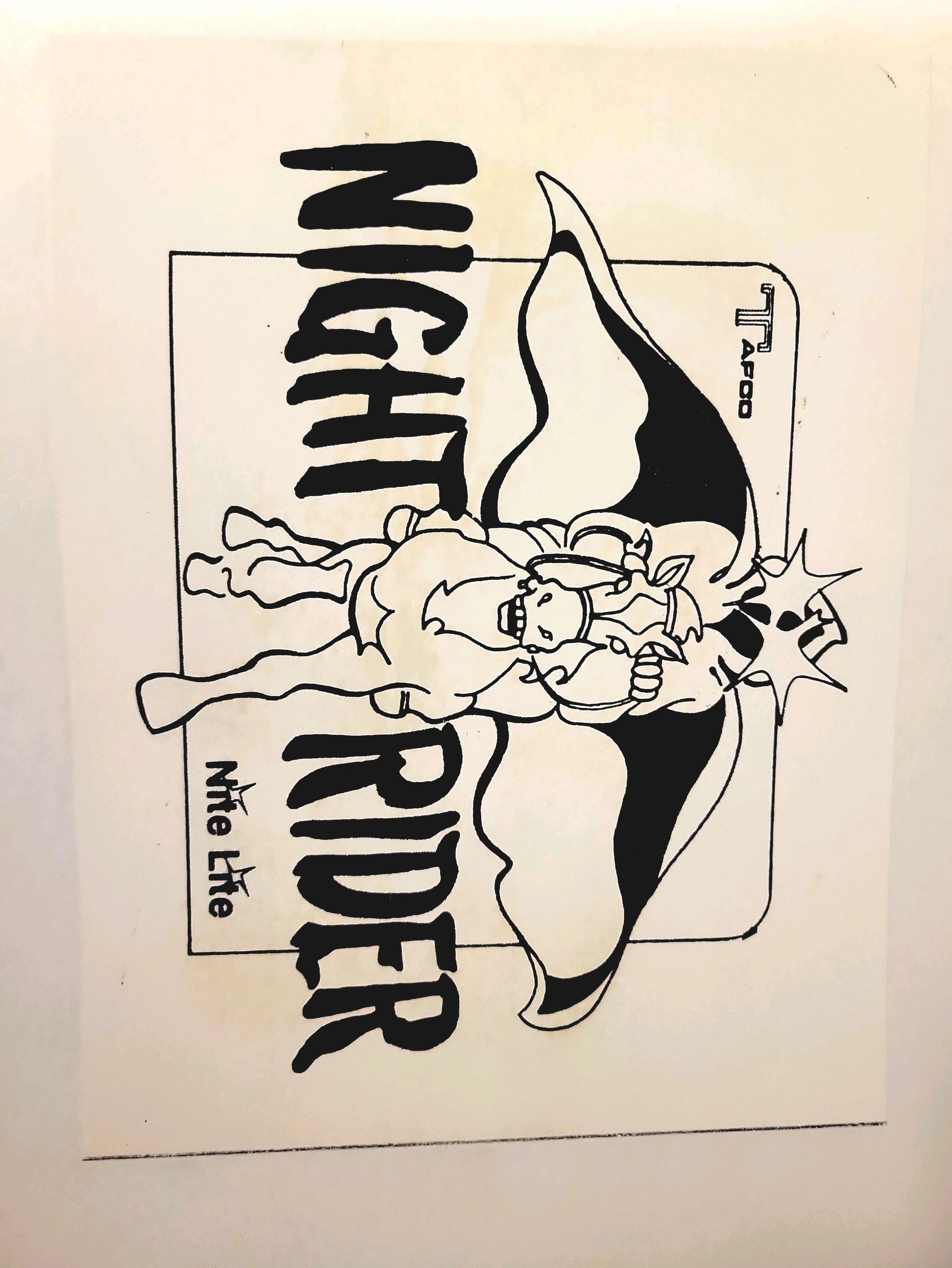 A black and white drawing of a night rider