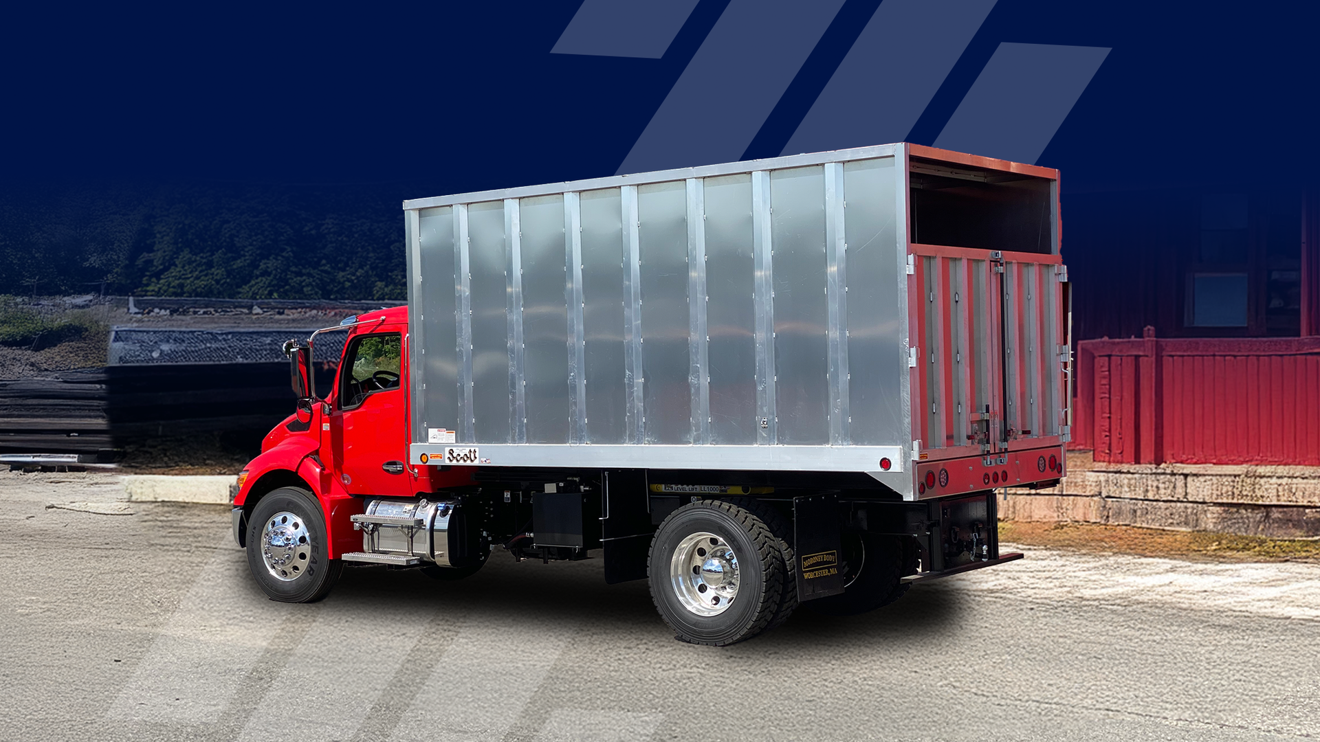 Red truck with silver cargo box on a gravel lot; blue and red gradient background.