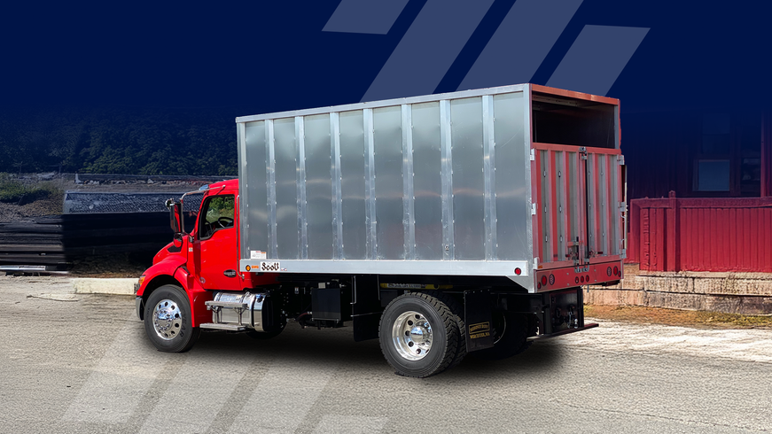 Red truck with silver cargo box on a gravel lot; blue and red gradient background.