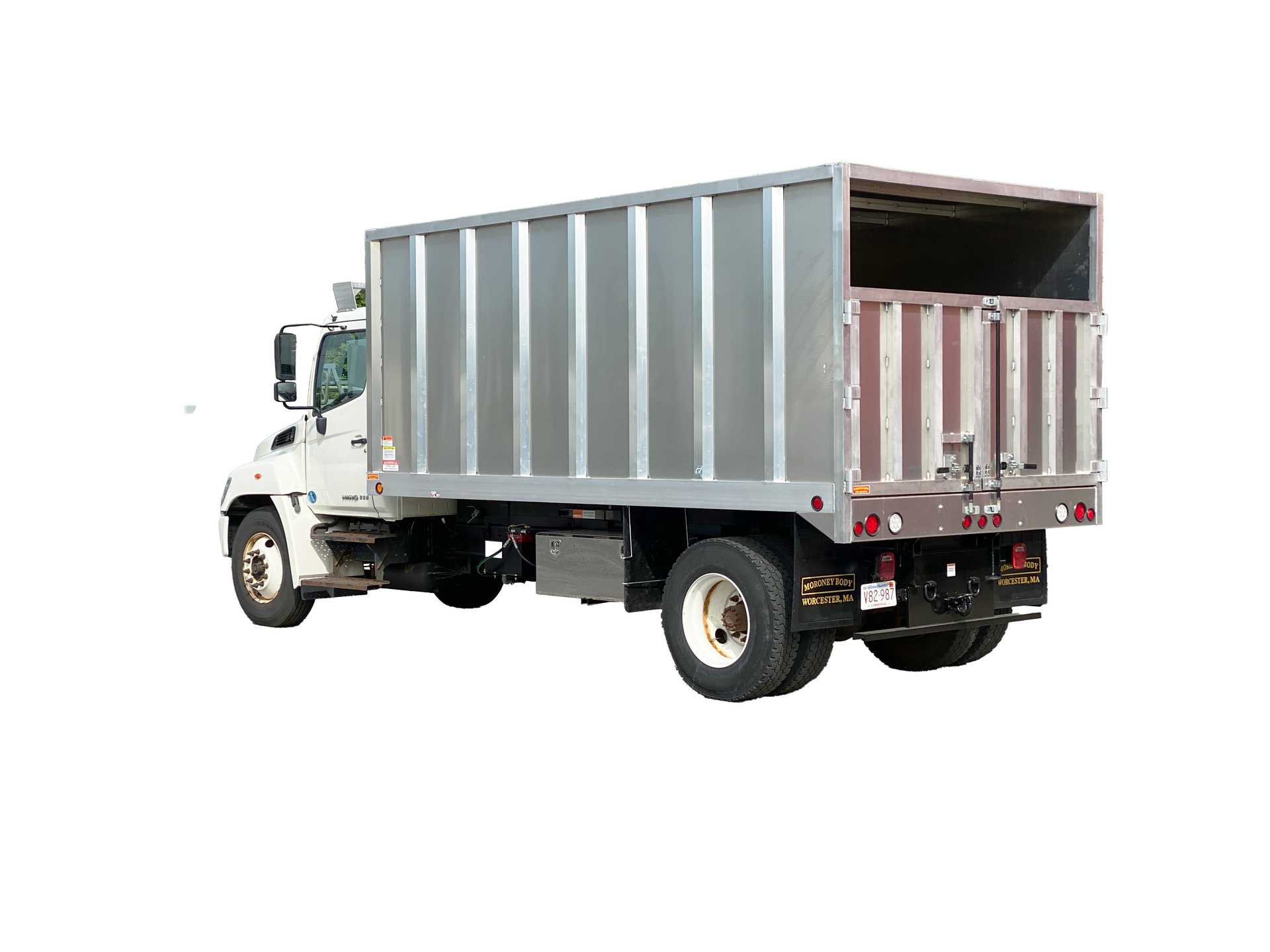 A white truck with a gray body is parked on a white background.