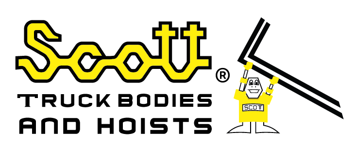 The logo for scott truck bodies and hoists is yellow and black.