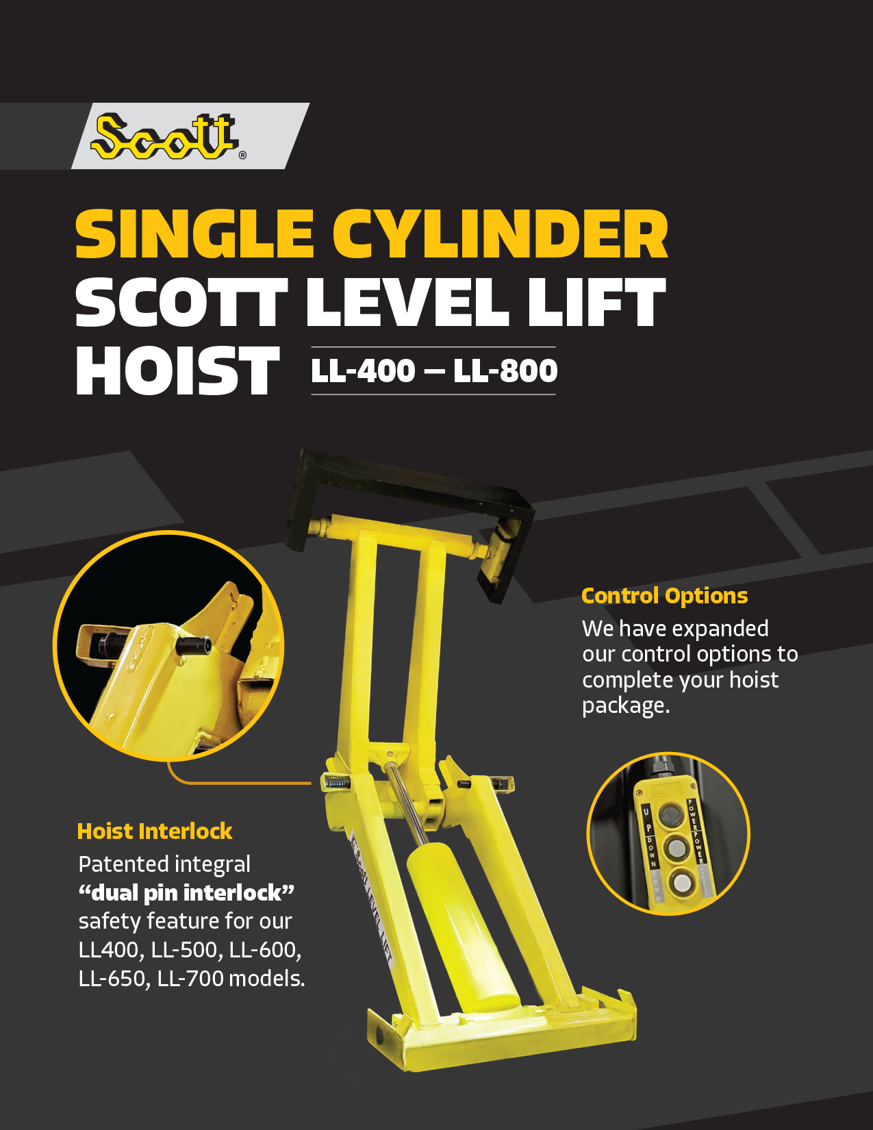 a brochure for a single cylinder scott level lift hoist