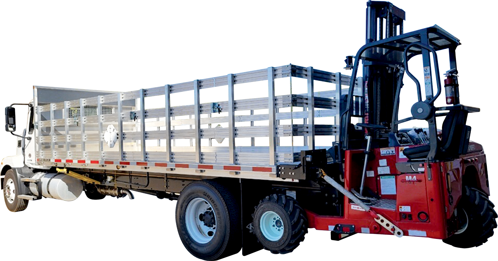 A forklift is attached to the back of a semi truck.
