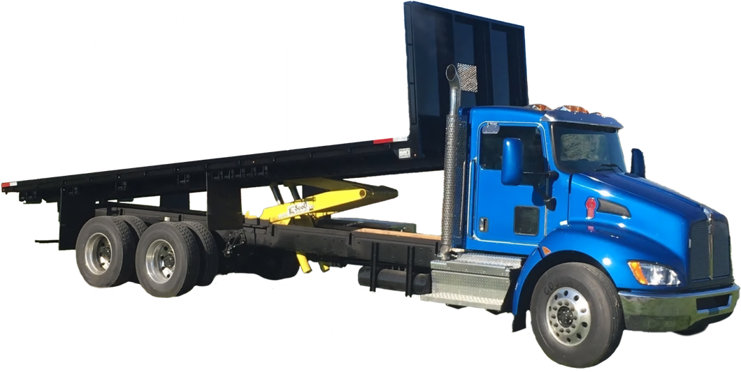 a blue flatbed truck with a structural platform and scott level lift hoist