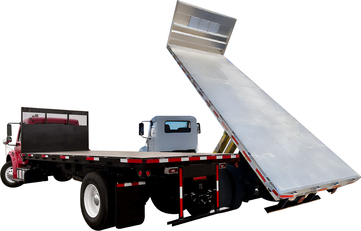 A flatbed truck with a flatbed trailer attached to it.