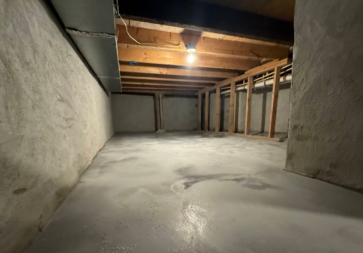 Concrete basement with exposed wooden beams, studs, and a single lightbulb.