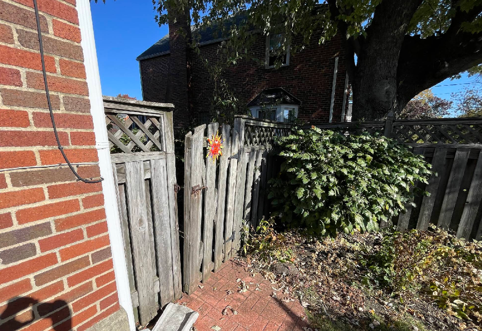 Weathered wooden fence with a gate, next to a brick wall and a large leafy bush under a blue sky.