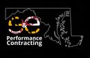 Logo for "CE & E Performance Contracting" with Maryland flag letters within the company initials on a black background, with the outline of Maryland.