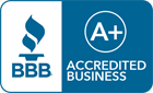 A blue and white bbb accredited business logo with a flame.