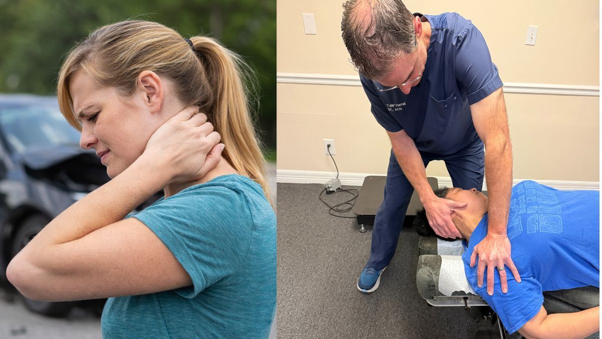 Woman holding neck after car accident; chiropractor adjusting patient's neck.