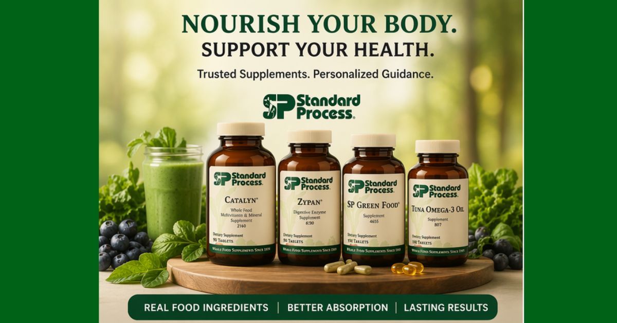 Nourish Your Body. Support Your Health. Herbal supplement ad with green bottles and capsules on a leafy green background
