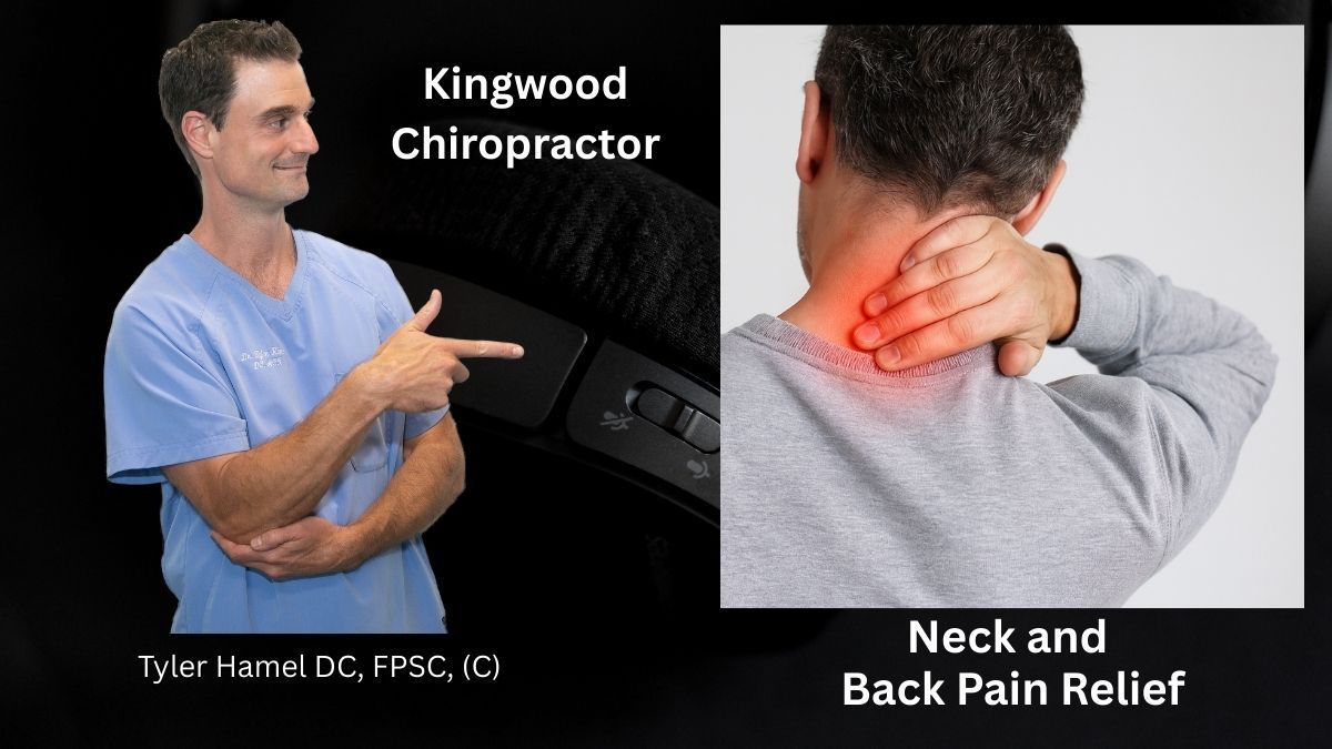 Kingwood chiropractor points to image of person with neck and back pain.