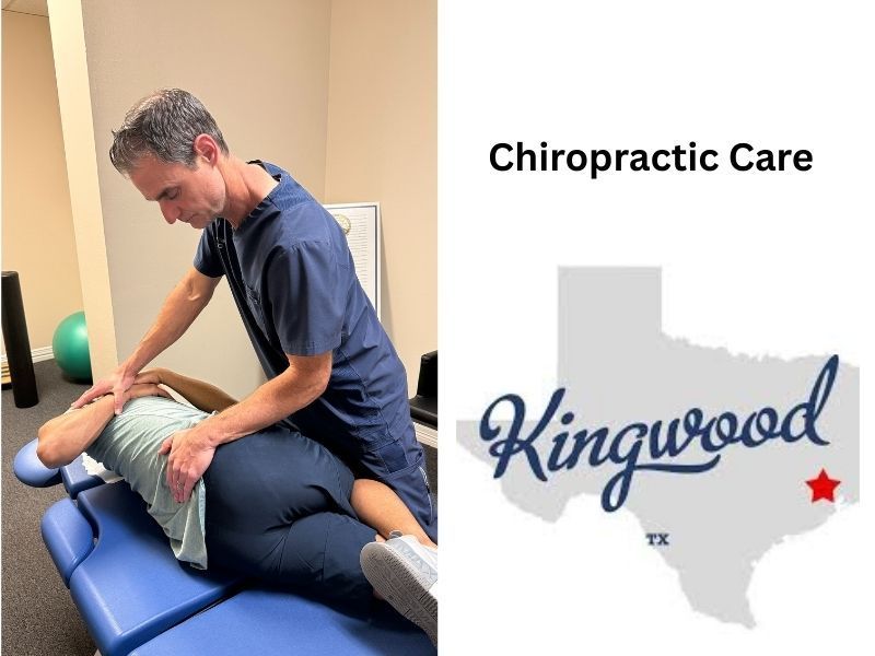 Chiropractor adjusting a patient's back on a table in Kingwood, Texas.