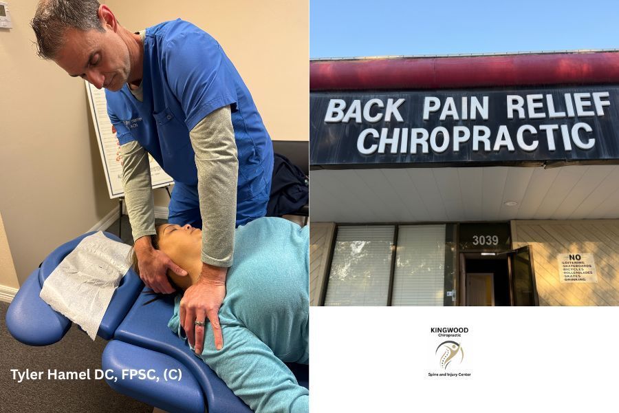 A person receiving manual therapy on a blue treatment table. A practitioner in blue scrubs uses their hands to manipulate the patient's lower back.