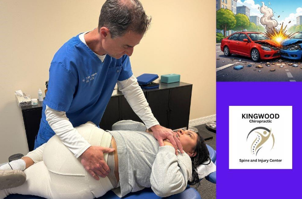 Chiropractor treating a patient's back; car accident scene inset. Kingwood Chiropractic logo.