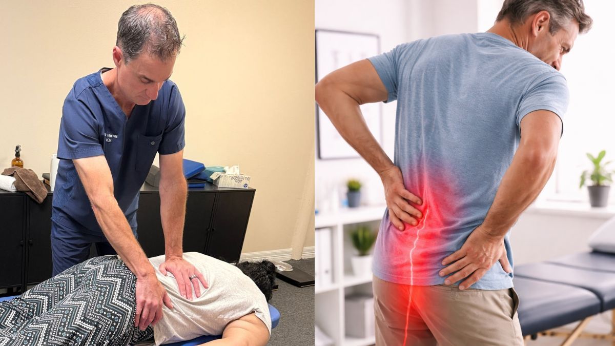 A healthcare professional performing manual therapy on a patient, contrasted with a person experiencing lower back pain.