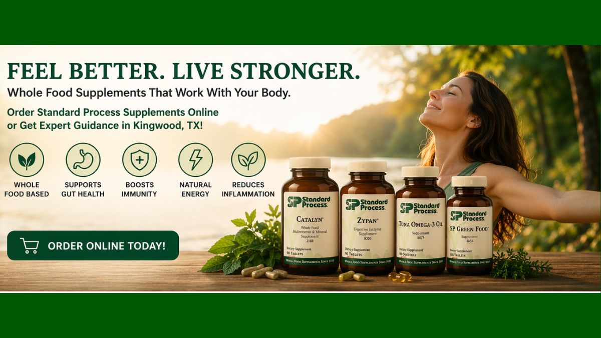 Supplement ad with smiling woman outdoors and bottles of Wellness Future products on wood table