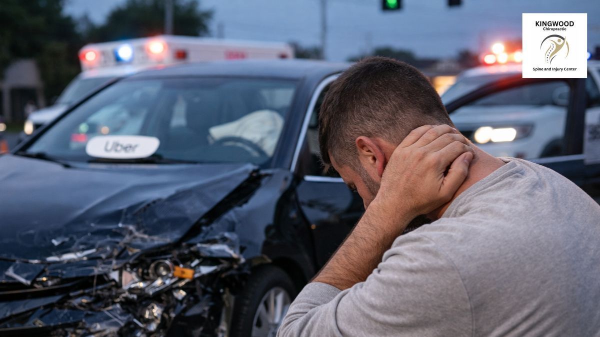 A person holding their neck in distress next to a heavily damaged black Uber car at an accident scene with emergency lights.