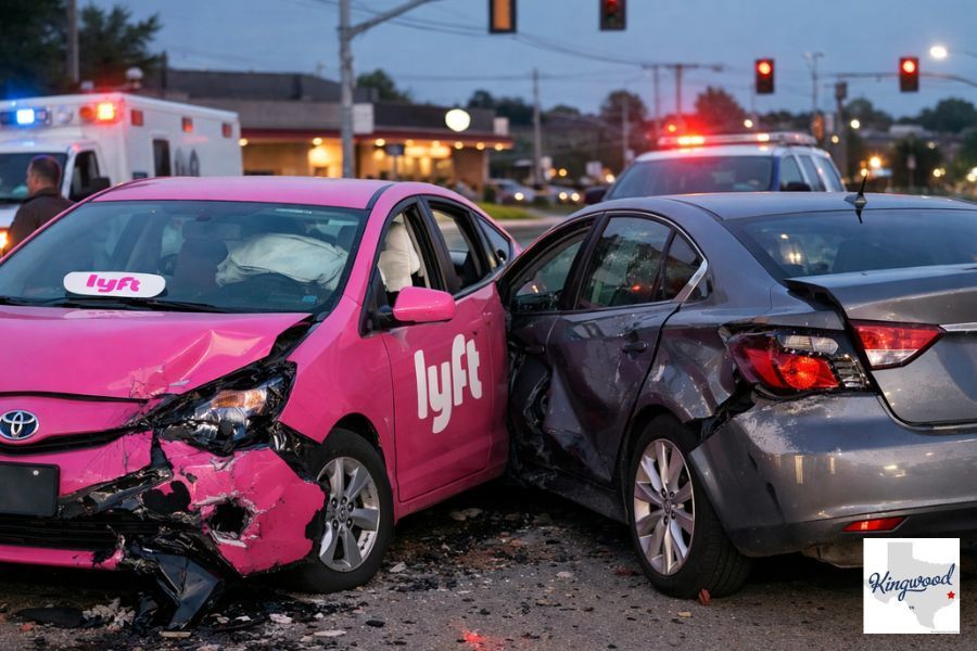 A pink Lyft car crashed into the side of a gray sedan at an intersection with emergency vehicles in the background.