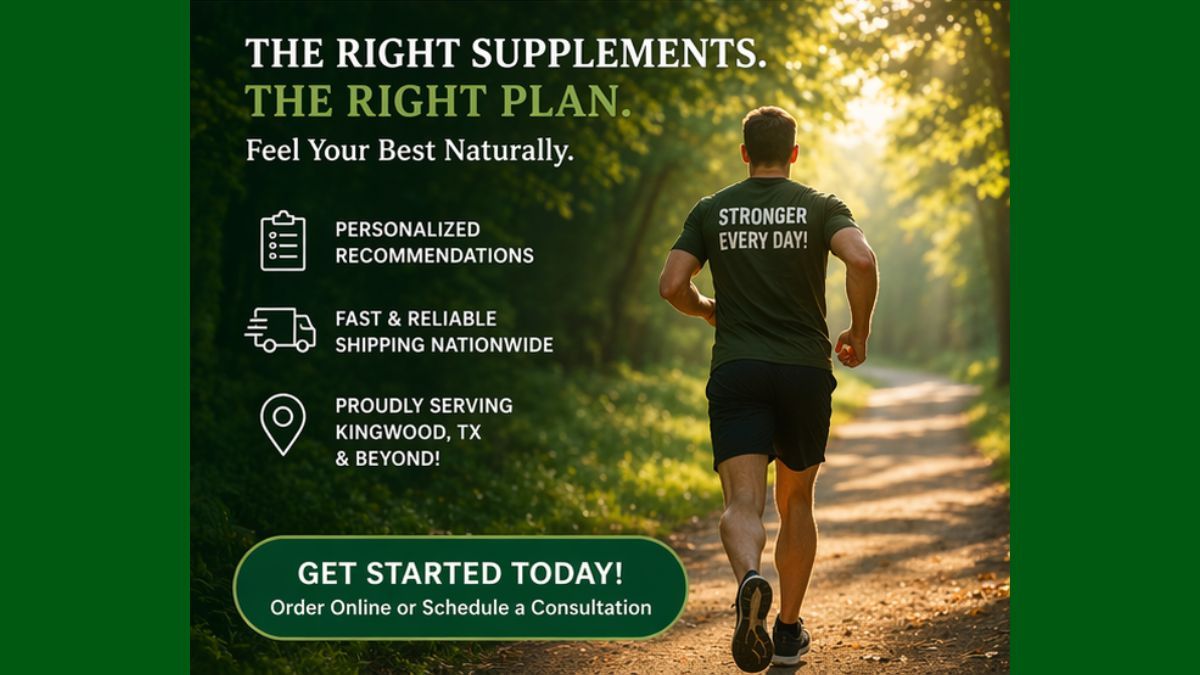 Runner on a sunlit trail beside supplement ad: “The right supplements, the right plant.”