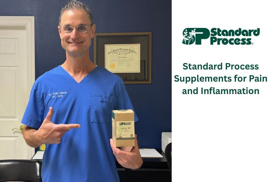 A person in blue scrubs points to a Standard Process supplement bottle in an office, with text about pain and inflammation.