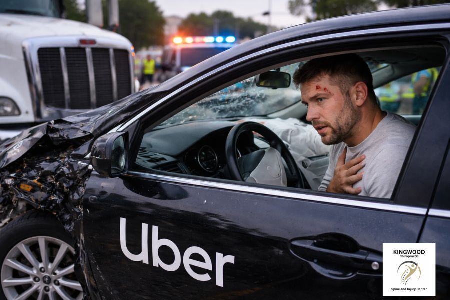 A man with a head injury sits in the driver's seat of a crashed black Uber car, his hand on his chest.