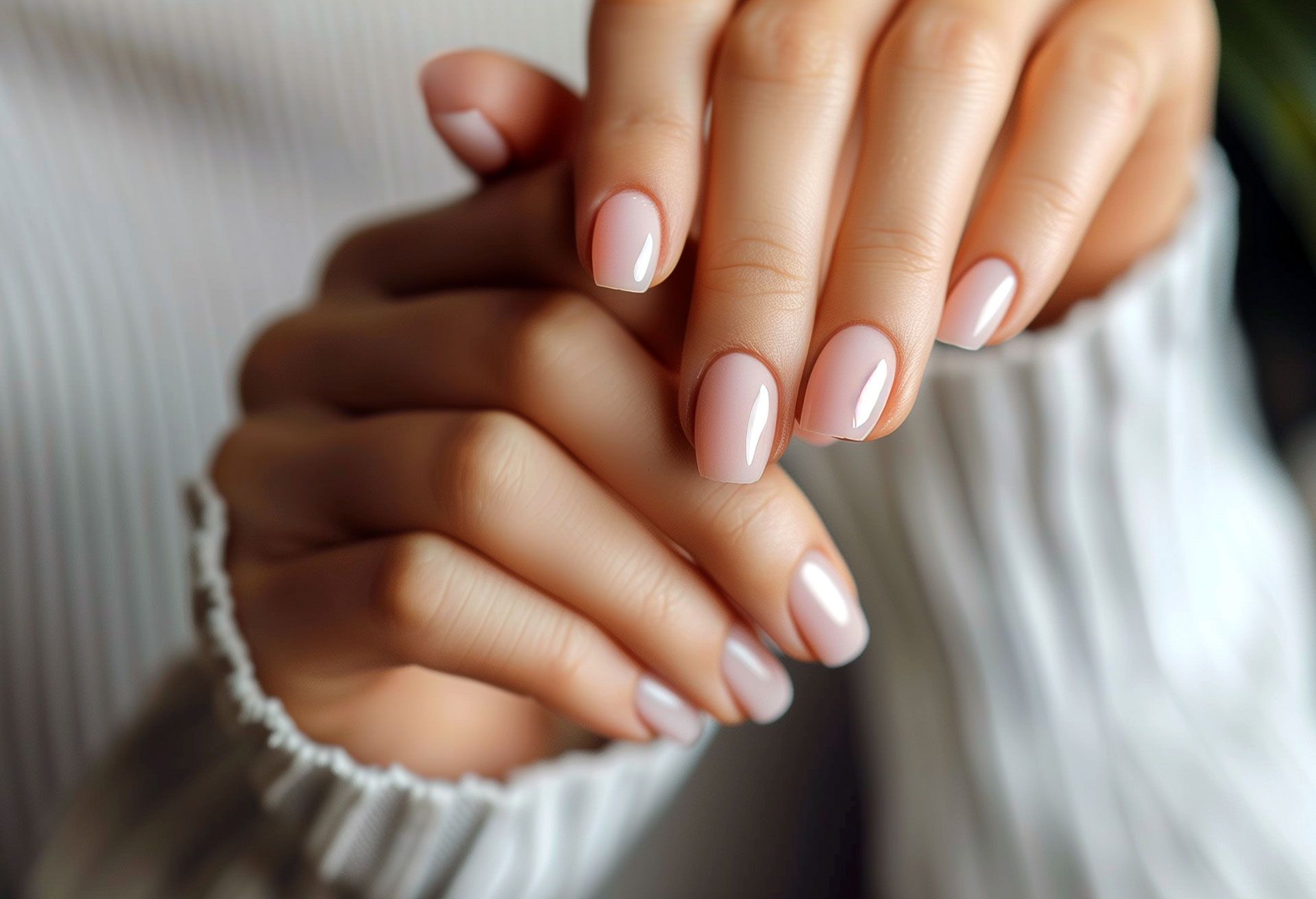 Hands with oval-shaped, light pink painted nails, resting over a white sweater.