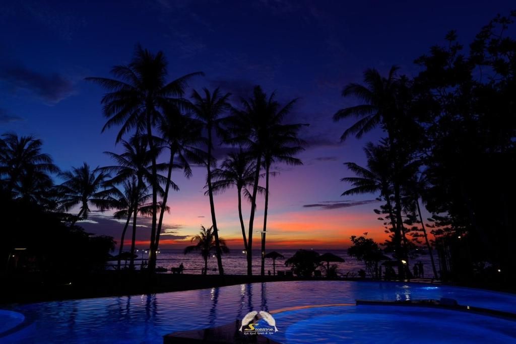 Palm trees silhouetted against a twilight sky with a colorful sunset over a pool.
