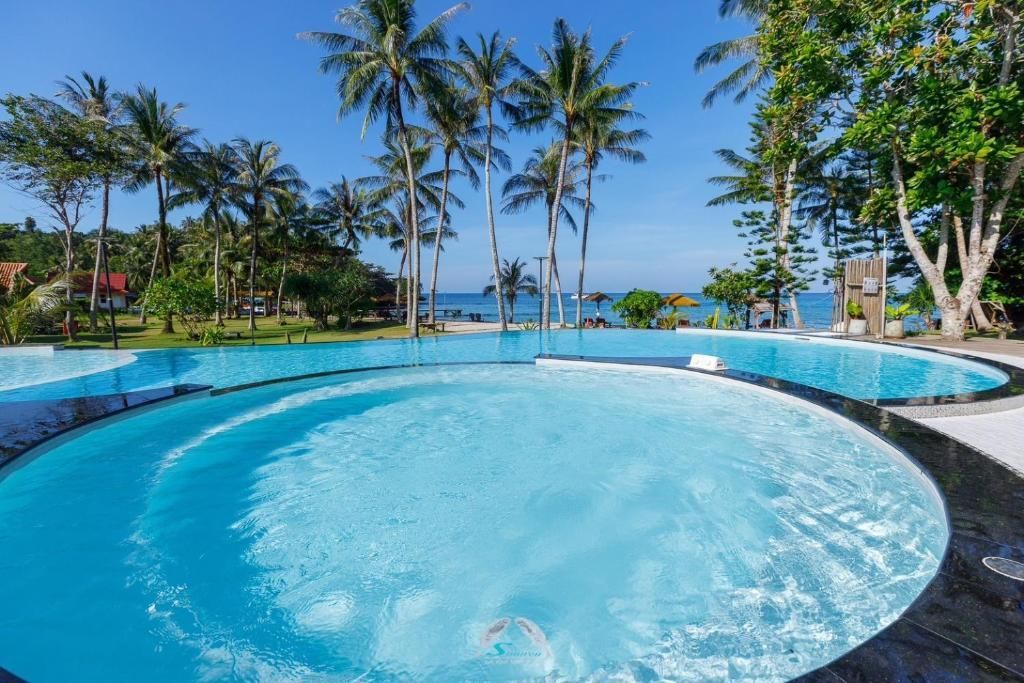 Swimming pool overlooking the ocean, framed by palm trees and blue sky.