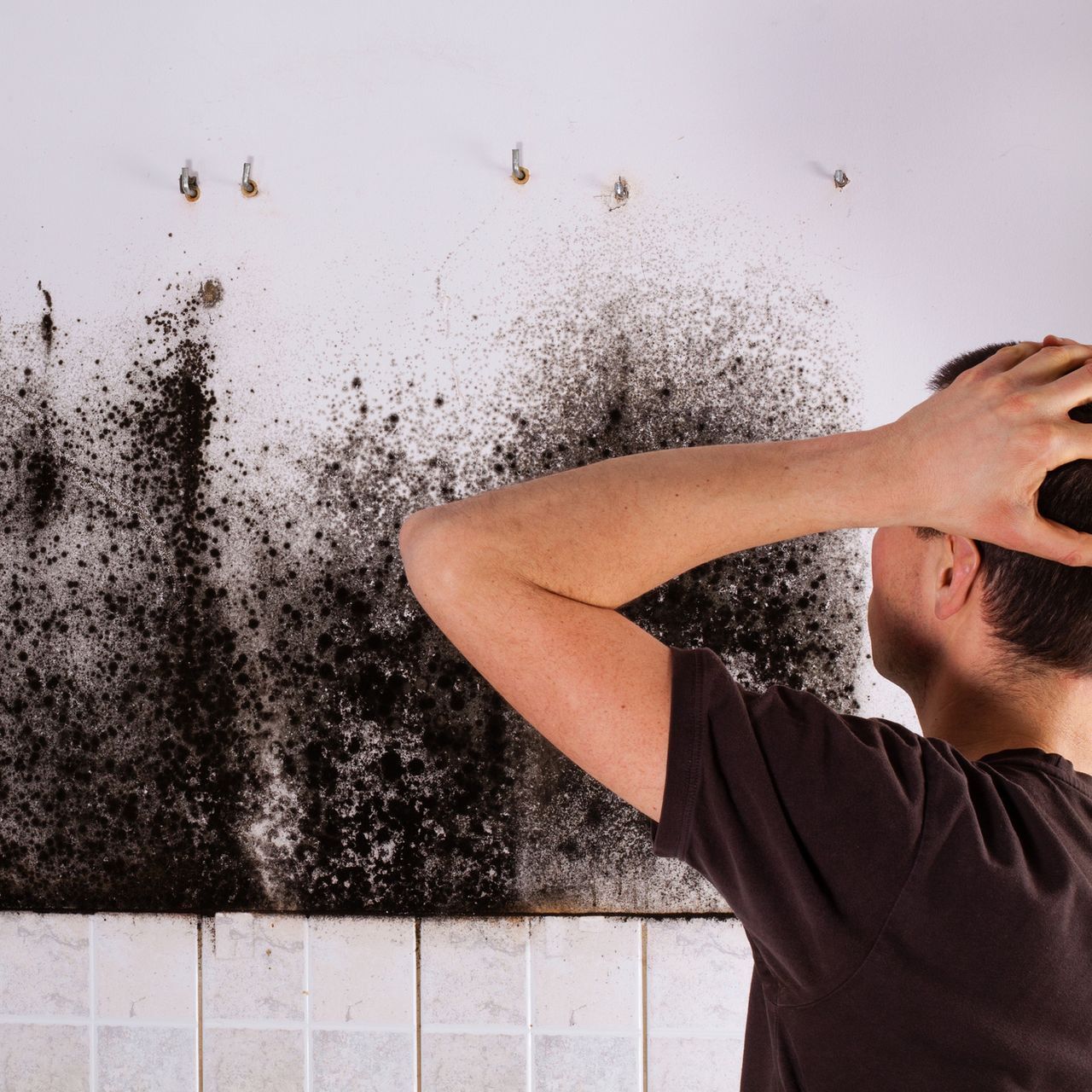 A man holds his head in front of a wall covered in black mold