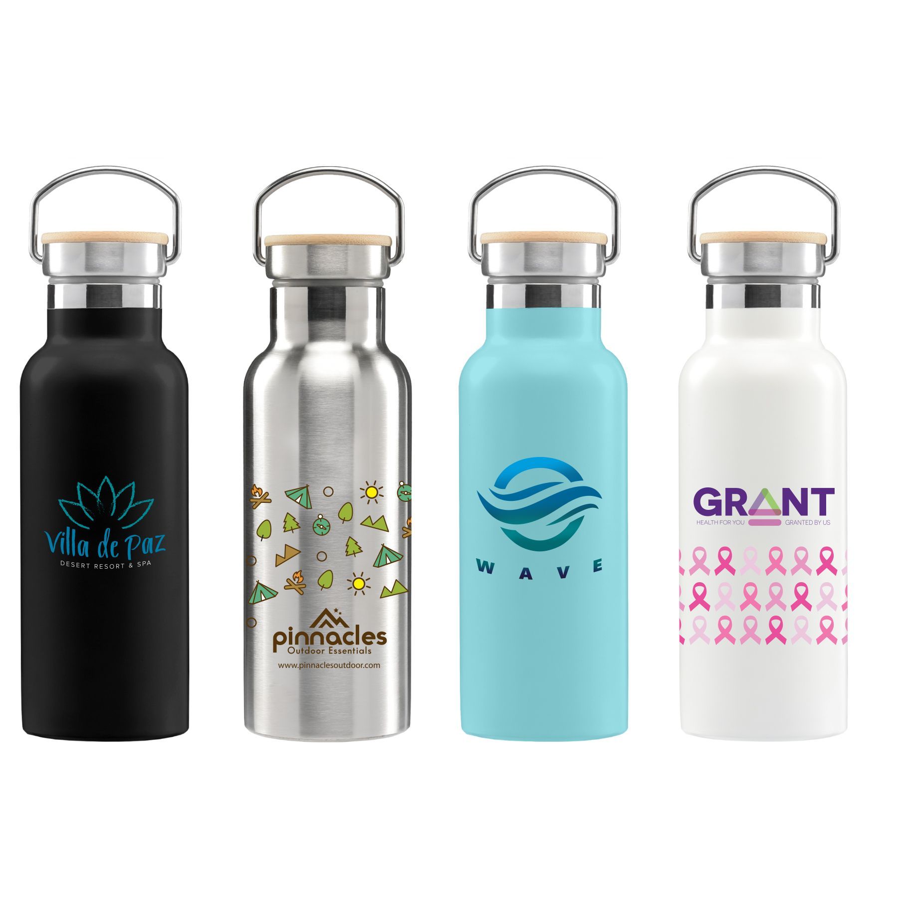 OAHU - 17 OZ. DOUBLE WALL STAINLESS STEEL CANTEEN WATER BOTTLE WITH BAMBOO CAP - FULL COLOR