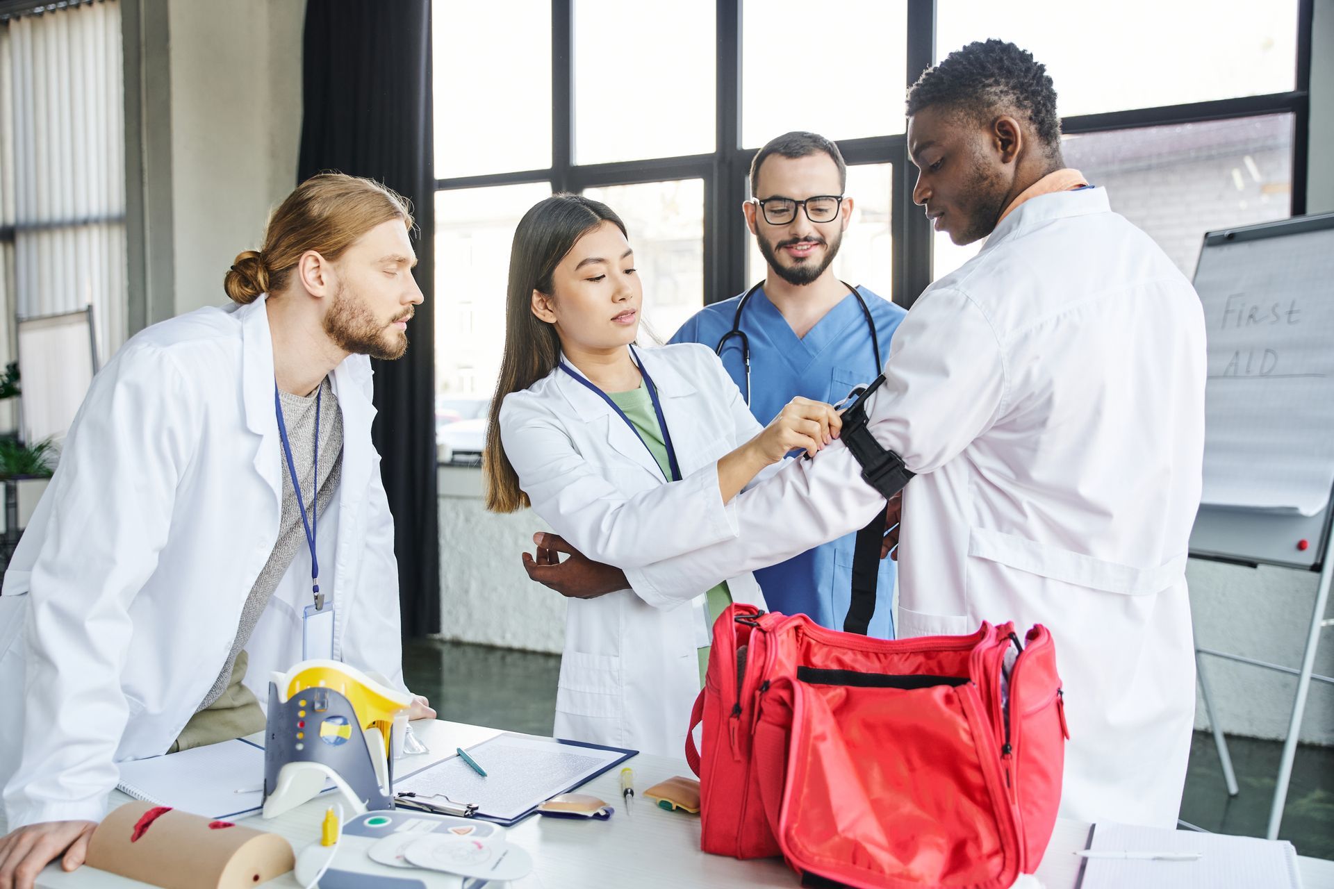 Doctors testing a medical device.