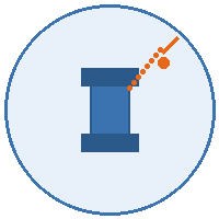Blue industrial valve icon with orange dotted path and line inside a light blue circle