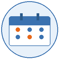 Blue calendar icon with two orange and four blue date dots inside a circle