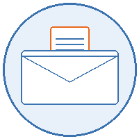 An icon showing a document being placed into an envelope, all within a light blue circle.