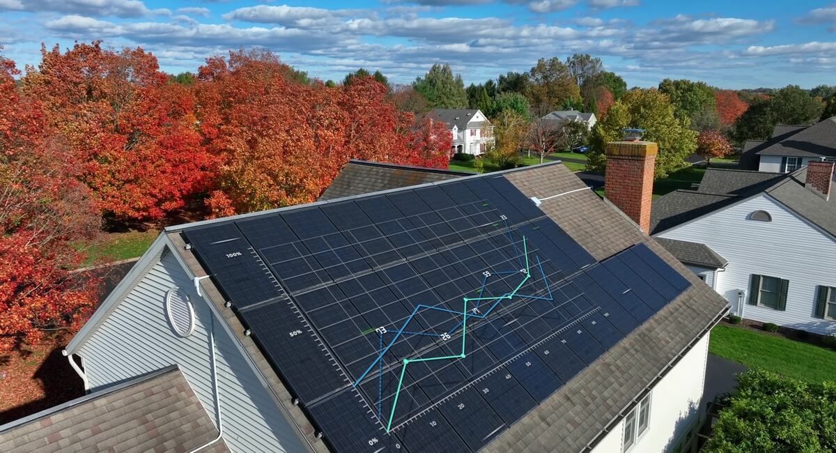 An aerial view of a house with solar panels on the roof.