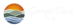 A logo for georgia view realty shows a sunset over a body of water and mountains.