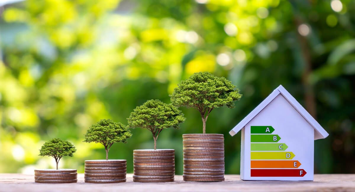 A stack of coins with trees growing out of them and a model house.