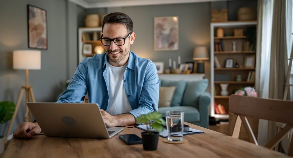 A man is sitting at a table using a laptop computer.