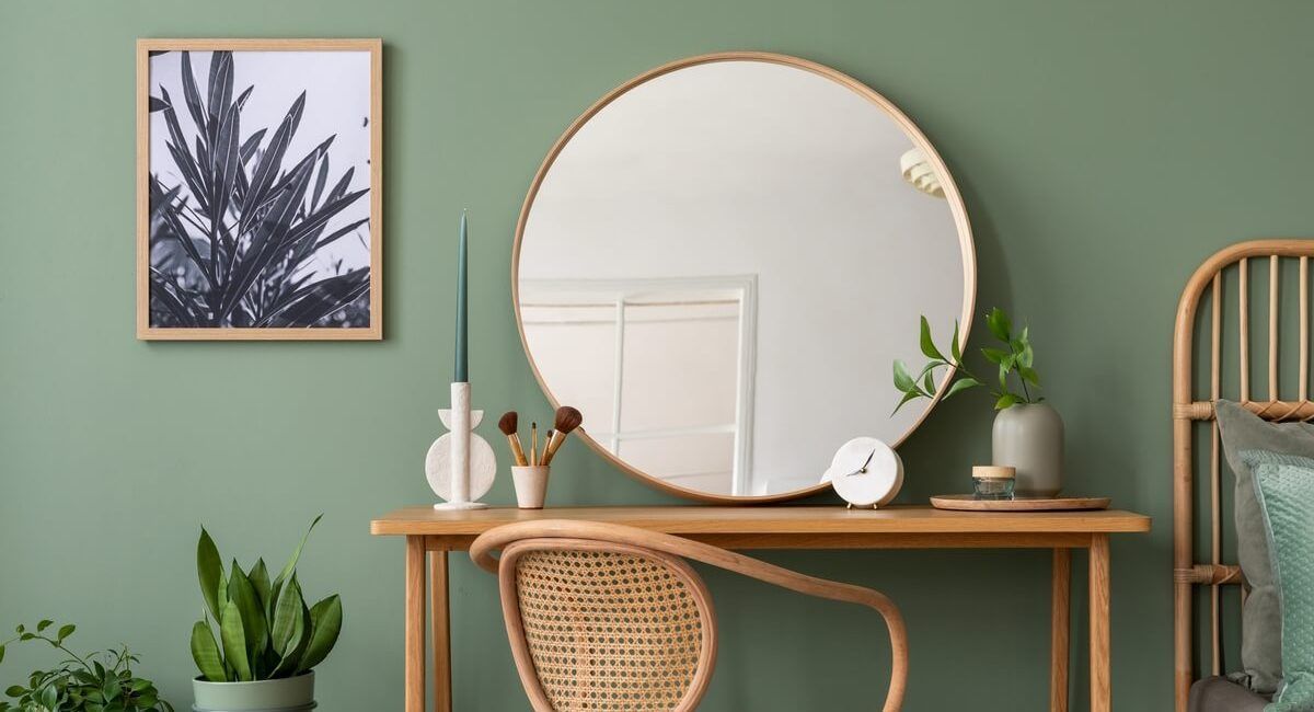 A round mirror is sitting on top of a wooden desk in a room.