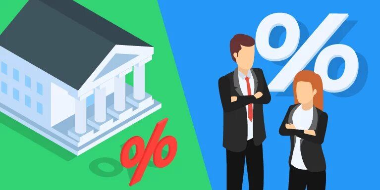 A man and a woman are standing next to each other in front of a bank building and a percent sign.