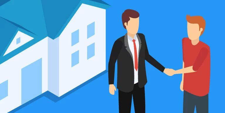 A man in a suit and tie is shaking hands with another man in front of a house.