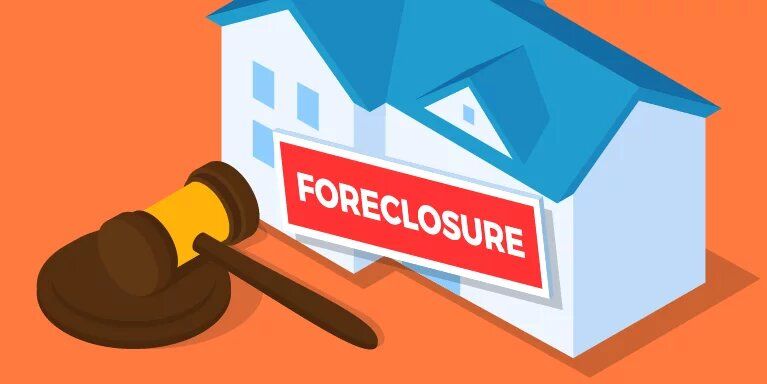 An isometric illustration of a house with a foreclosure sign and a judge 's gavel.