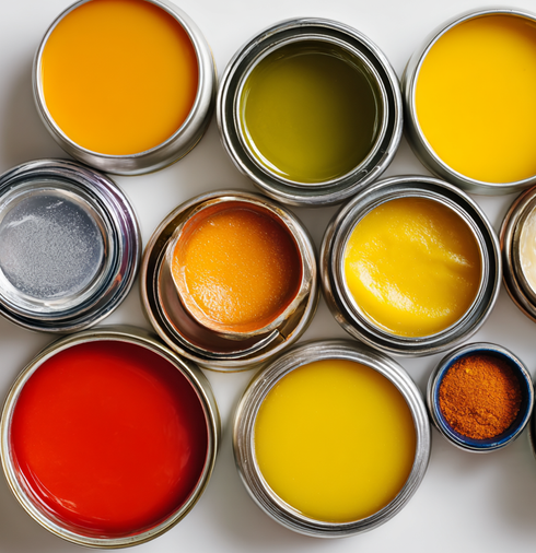 Overhead view of various open paint cans filled with bright colors including red, orange, yellow, and green against a white background.