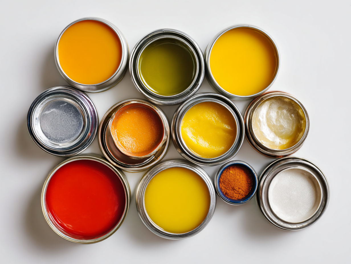 Overhead view of a collection of small, open paint cans filled with various vibrant colors like red, orange, yellow, and green.
