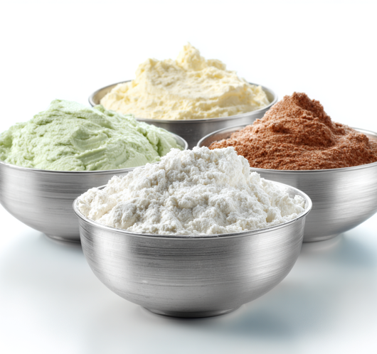 Four silver bowls filled with different colored powders: white, green, yellow, and brown, arranged on a white surface.