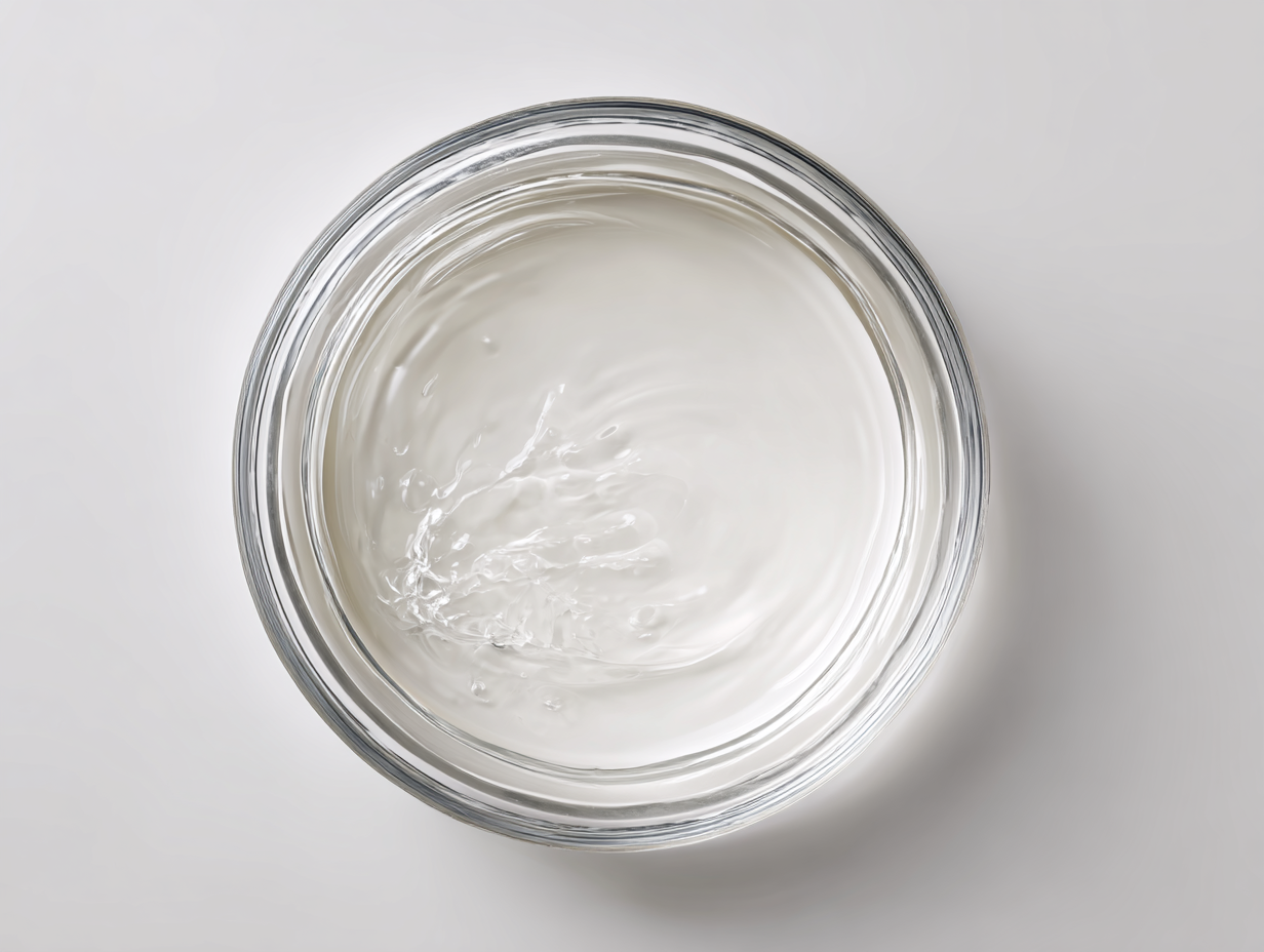 Overhead view of a clear glass jar filled with a white, swirling substance, set against a white background.